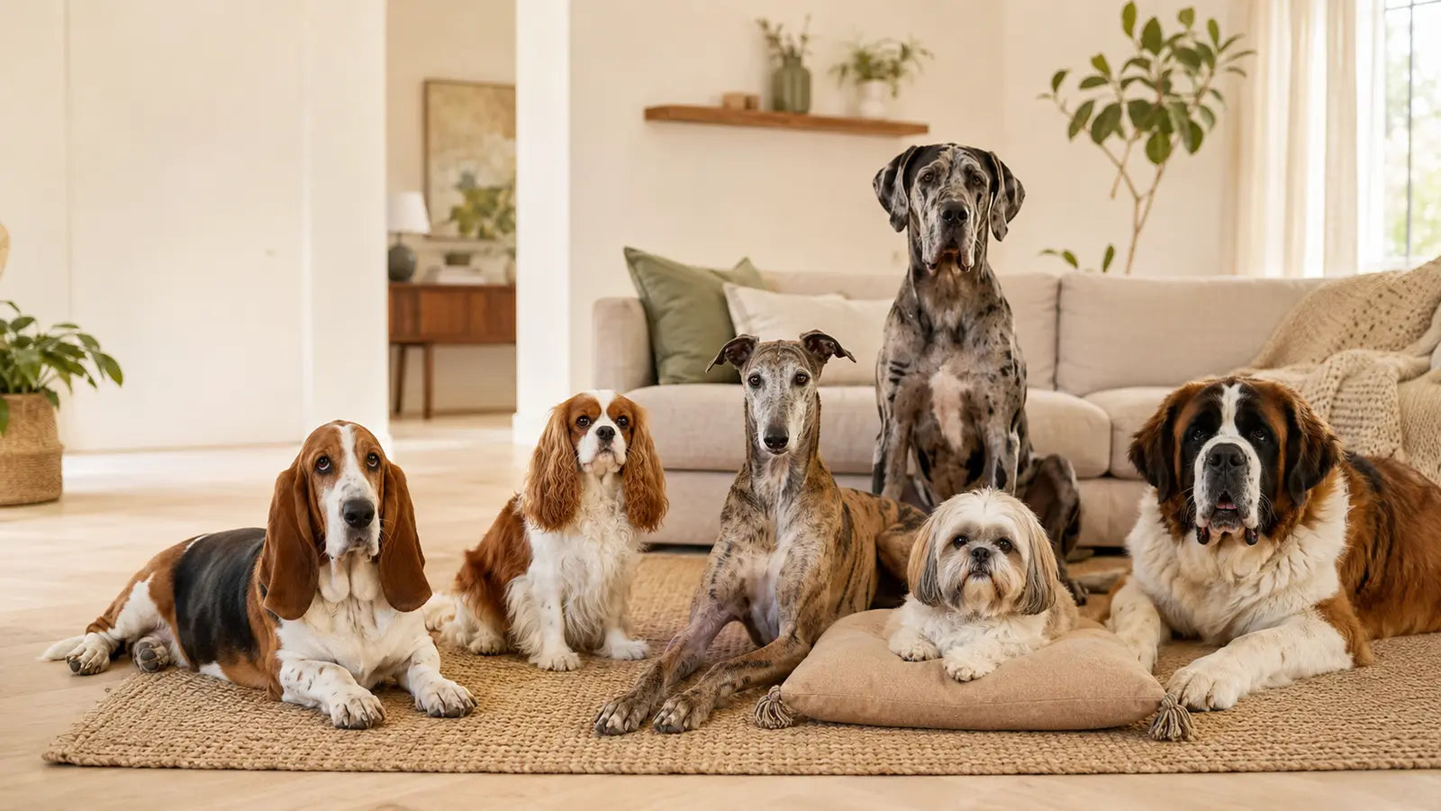 Six calm dog breeds relaxing together in a bright living room