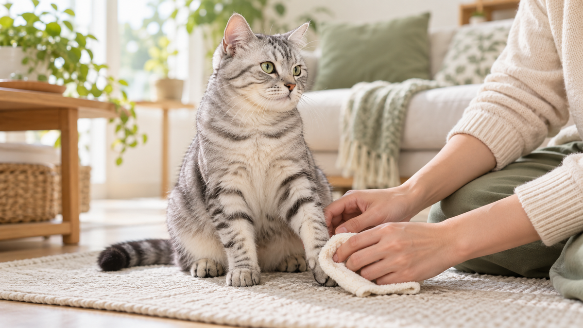 A relaxed tabby cat receiving gentle paw care with a soft cloth