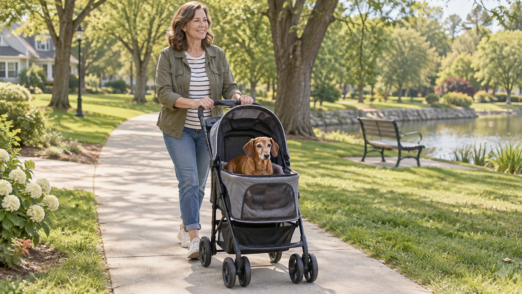 Senior dachshund riding comfortably in a pet stroller during a park walk