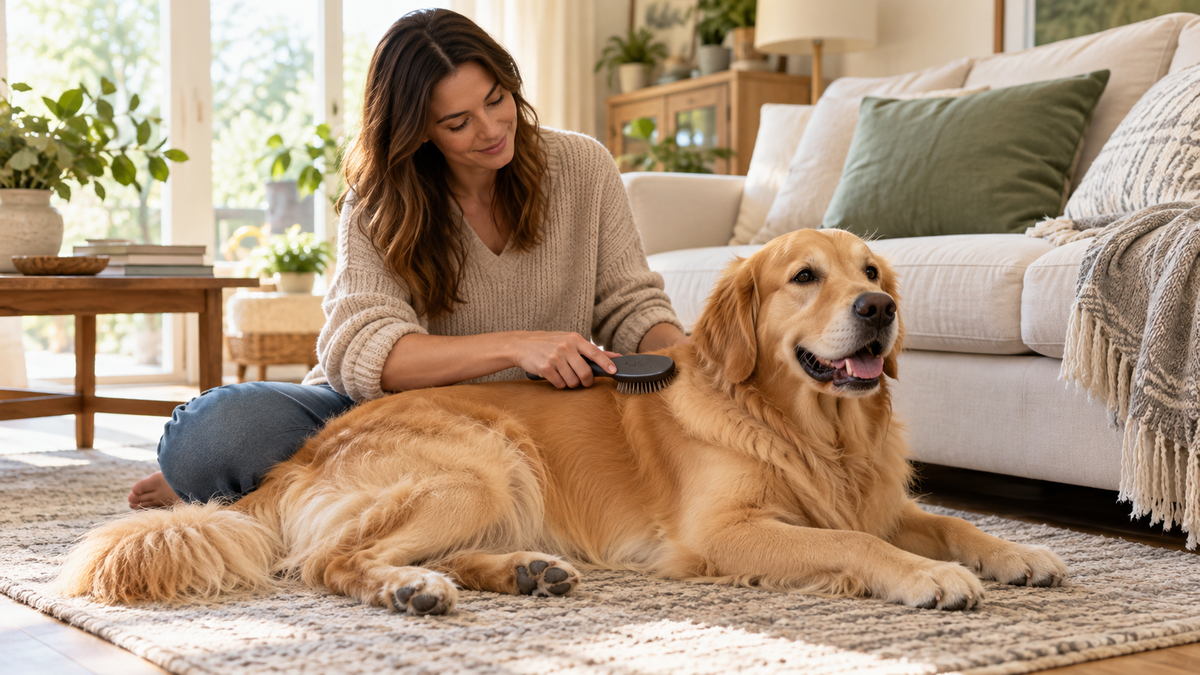 A relaxed golden retriever being gently brushed at home