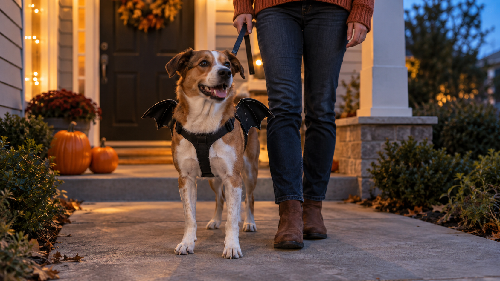Dog wearing a black wing harness with its owner before a Halloween evening walk
