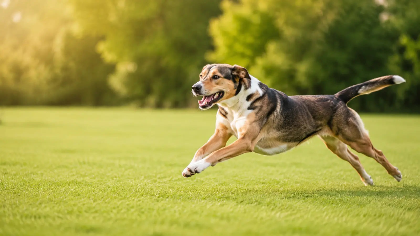 An athletic dog running across a grassy field