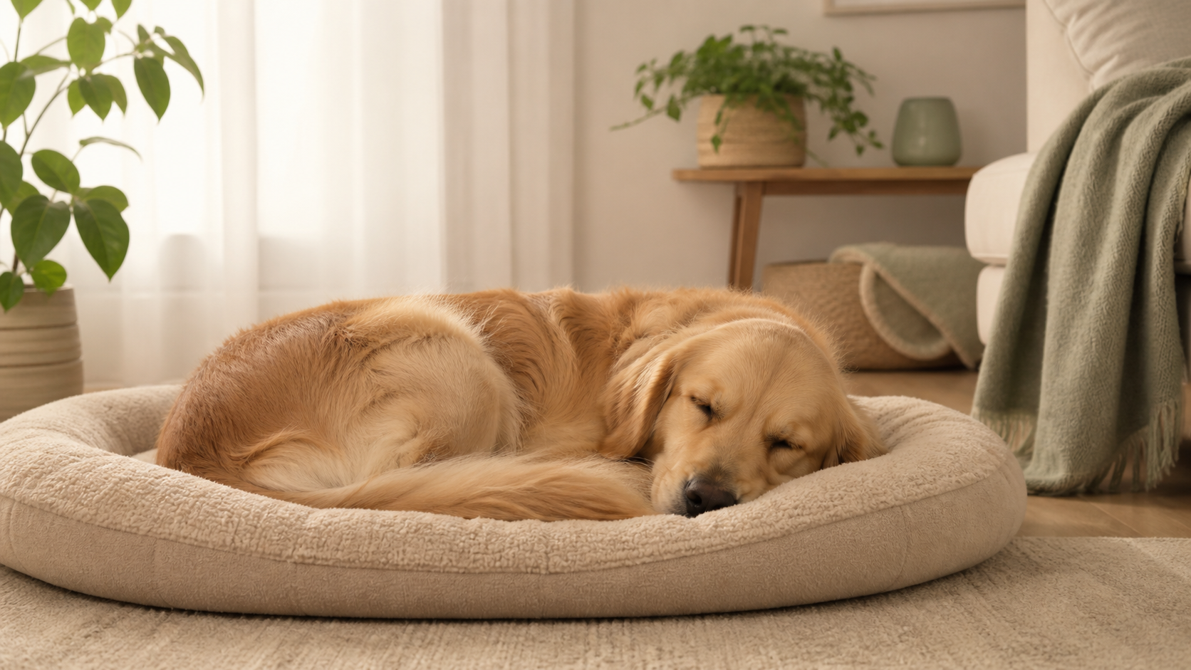 A golden retriever sleeping peacefully on a soft dog bed