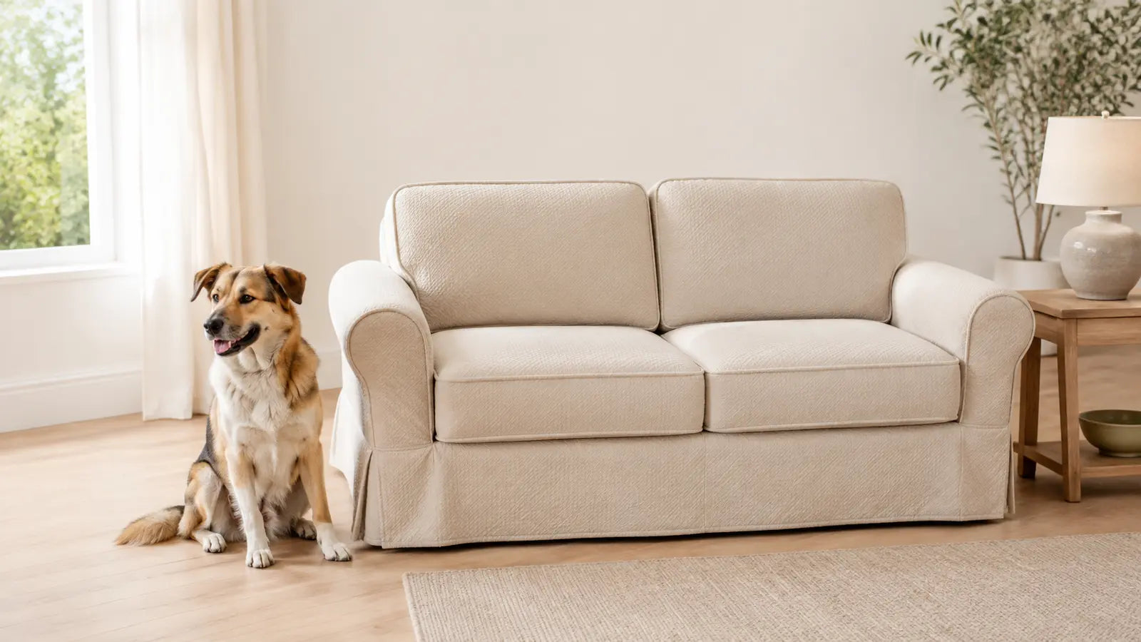 A loveseat with a fitted couch cover in a bright pet-friendly living room