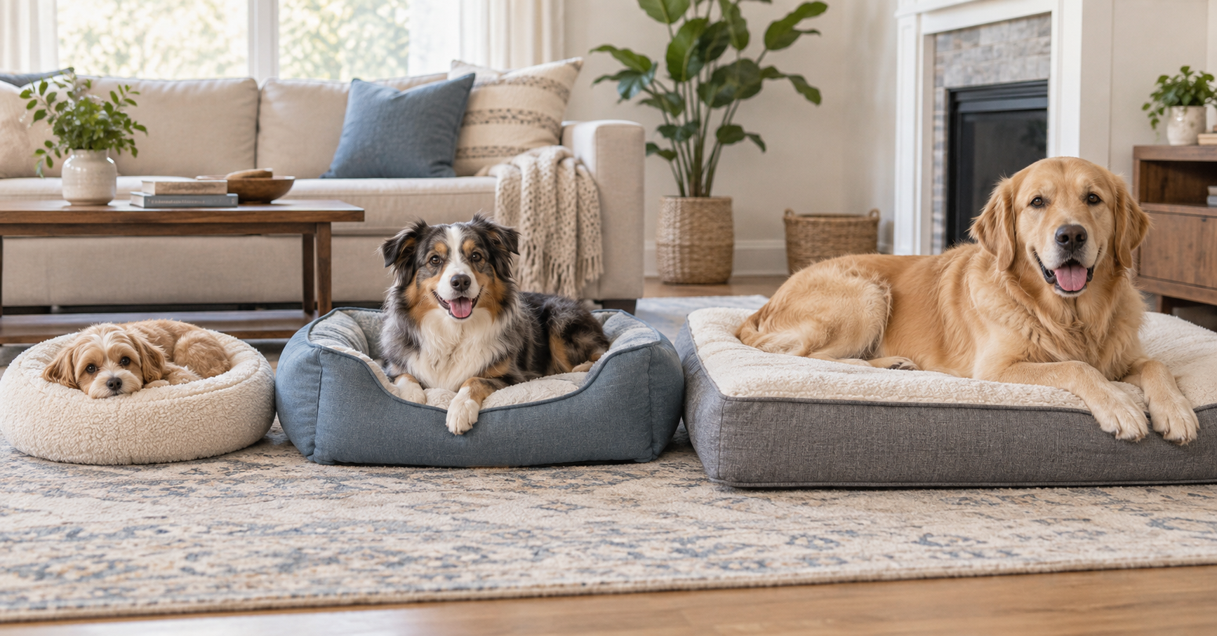 Small, medium, and large dogs resting on appropriately sized dog beds
