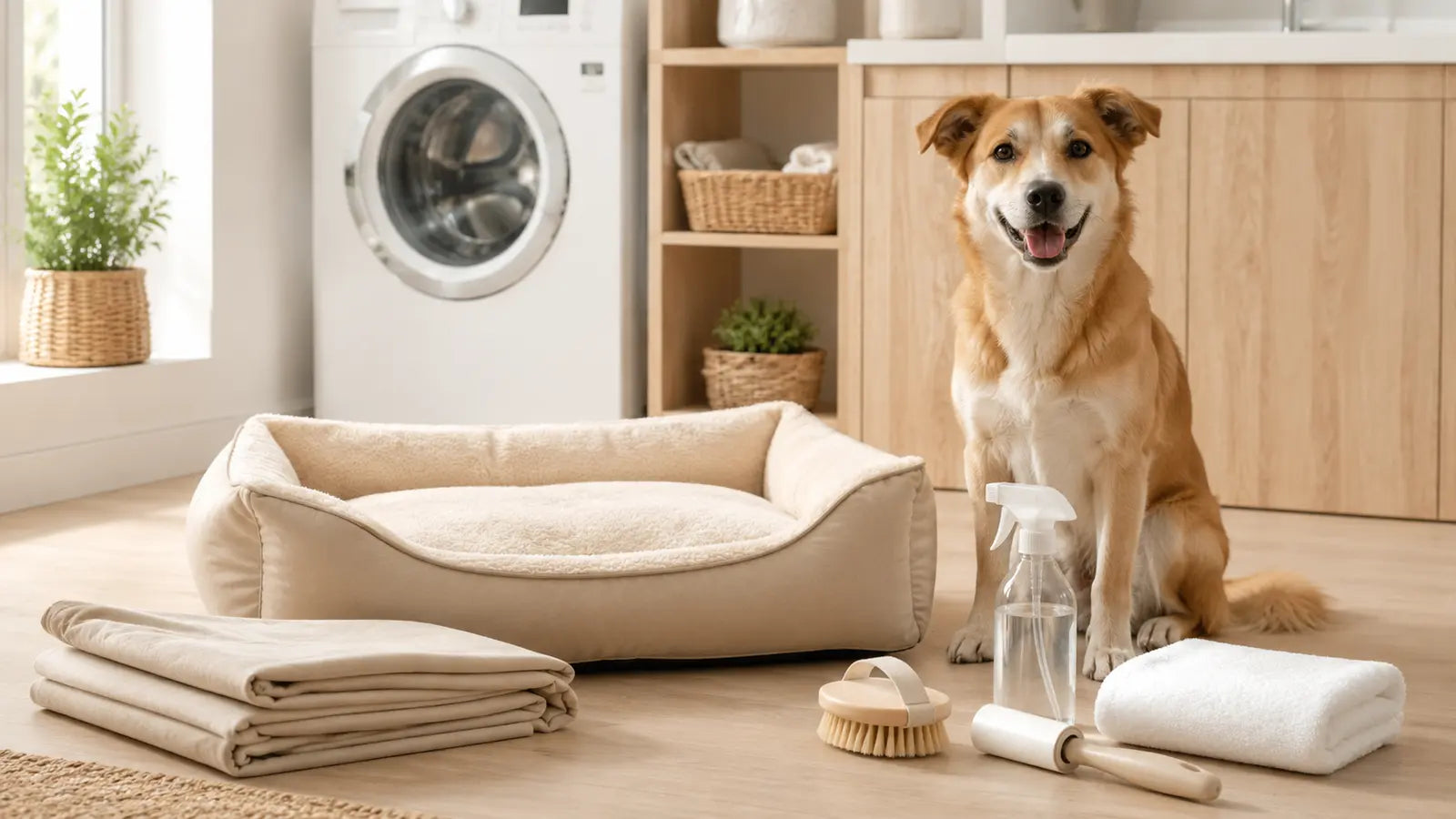 A clean dog bed beside laundry tools in a bright pet-friendly utility room