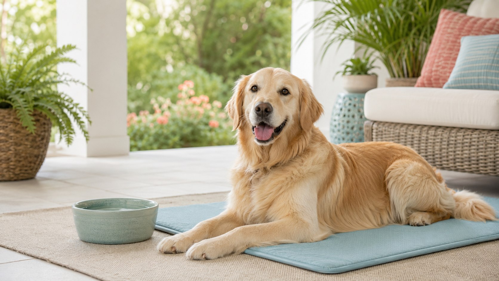 Golden retriever resting on a cooling mat beside fresh water in a shaded summer patio