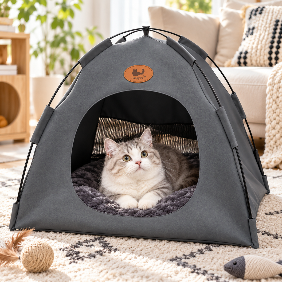 Collapsible Breathable Cat Tent Bed with Rattan-Style Mat