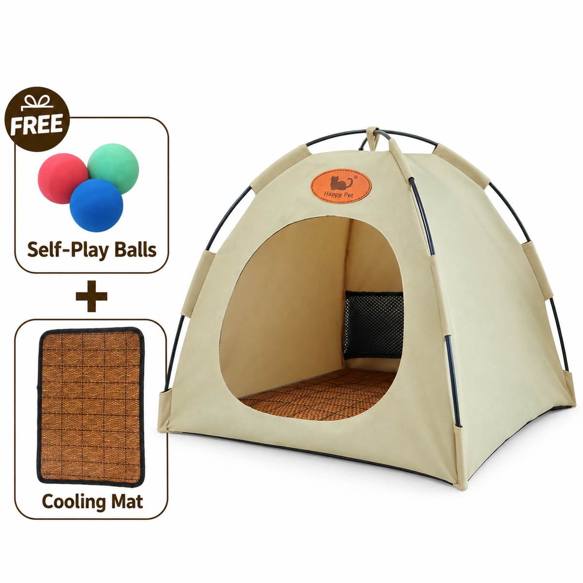 Collapsible Breathable Cat Tent Bed with Rattan-Style Mat