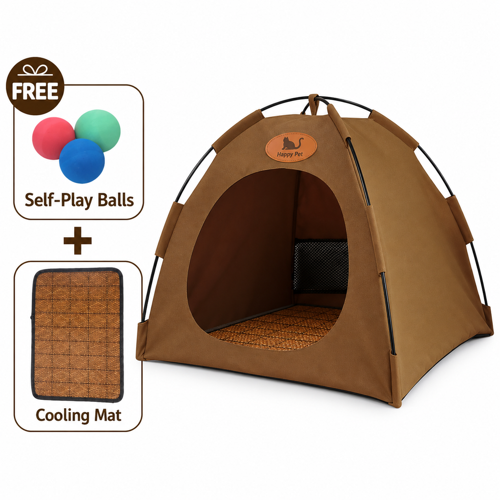 Collapsible Breathable Cat Tent Bed with Rattan-Style Mat