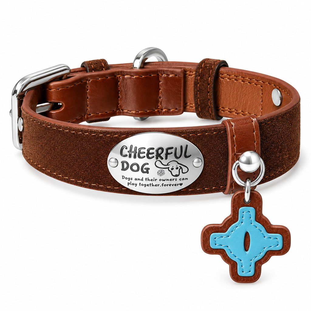 Brown Faux Leather Dog Collar with Blue Accent Charm