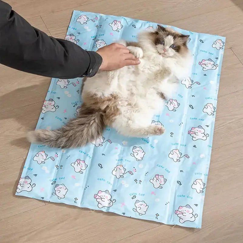 Cat resting comfortably on a blue cooling gel mat
