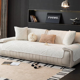 Embossed Geometric Plush Sofa Cover — fabric and styling detail