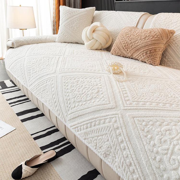 Embossed Geometric Plush Sofa Cover — fabric and styling detail