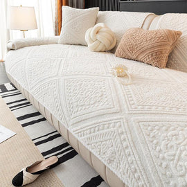 Embossed Geometric Plush Sofa Cover — fabric and styling detail