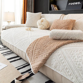 Embossed Geometric Plush Sofa Cover — fabric and styling detail