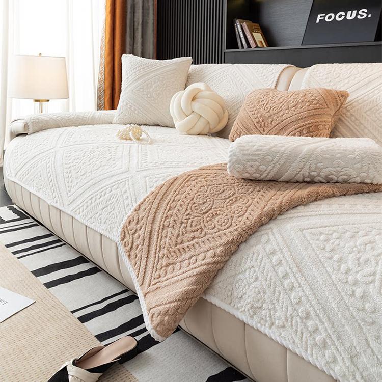 Embossed Geometric Plush Sofa Cover — fabric and styling detail