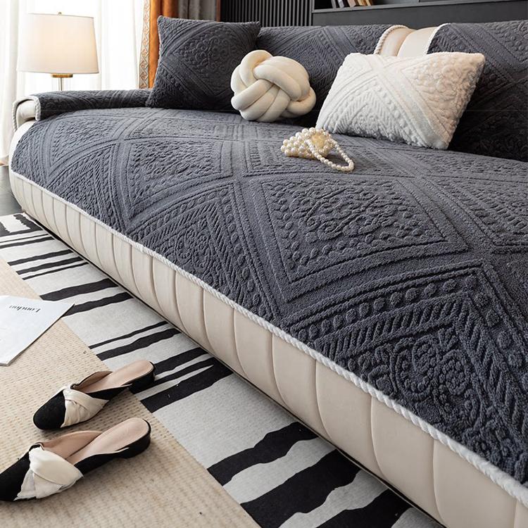 Embossed Geometric Plush Sofa Cover — fabric and styling detail
