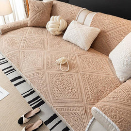 Embossed Geometric Plush Sofa Cover — fabric and styling detail