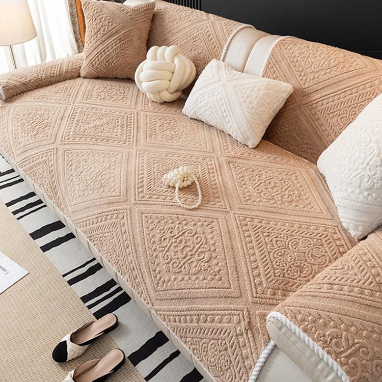 Embossed Geometric Plush Sofa Cover — fabric and styling detail