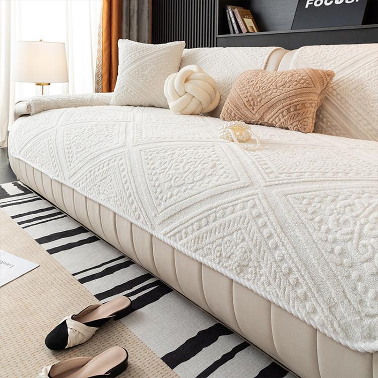Beige sofa cover — Embossed Geometric Plush Sofa Cover