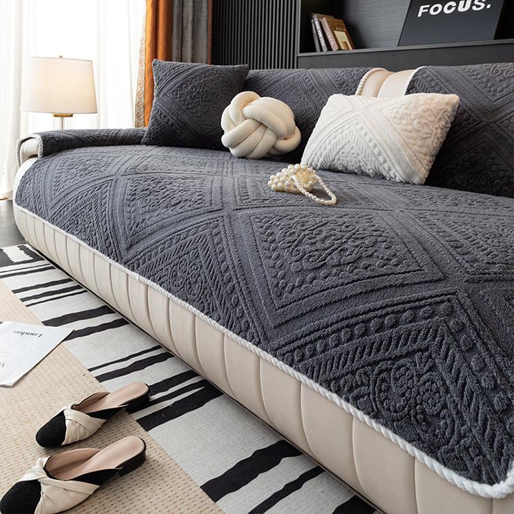 Dark Gray sofa cover — Embossed Geometric Plush Sofa Cover