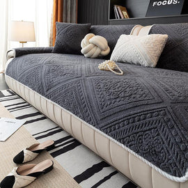 Dark Gray sofa cover — Embossed Geometric Plush Sofa Cover