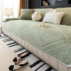 Green sofa cover — Embossed Geometric Plush Sofa Cover
