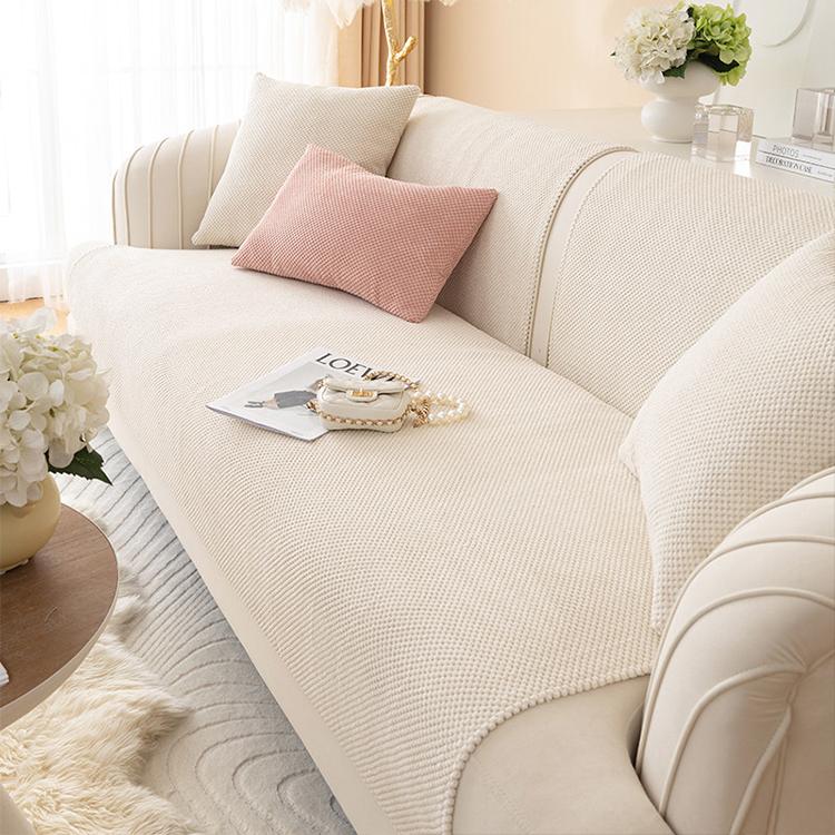 Beige sofa cover — Textured Bobble Sofa Cover with Scalloped Edges