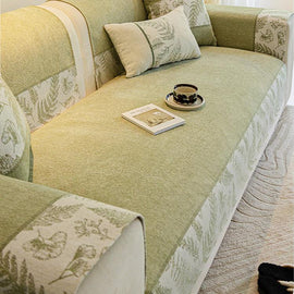 Botanical Border Chenille Sofa Cover — fabric and styling detail