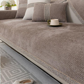 Textured Chenille Sofa Cover with Contrast Trim — fabric and styling detail