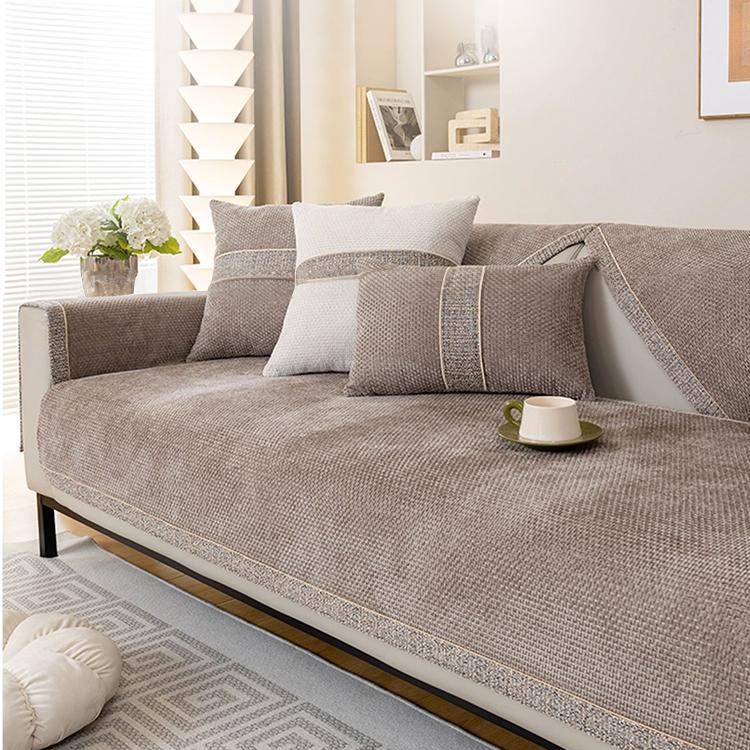 Textured Chenille Sofa Cover with Contrast Trim — fabric and styling detail