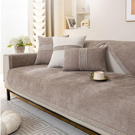 Textured Chenille Sofa Cover with Contrast Trim — fabric and styling detail