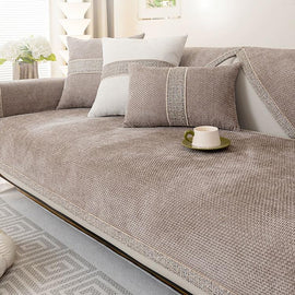 Textured Chenille Sofa Cover with Contrast Trim — fabric and styling detail