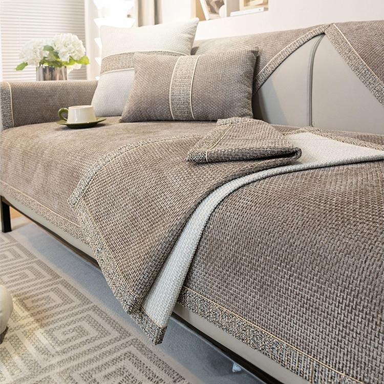 Textured Chenille Sofa Cover with Contrast Trim — fabric and styling detail