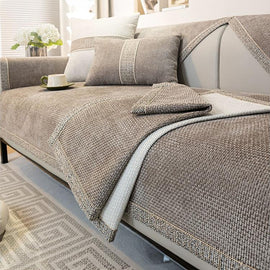 Textured Chenille Sofa Cover with Contrast Trim — fabric and styling detail
