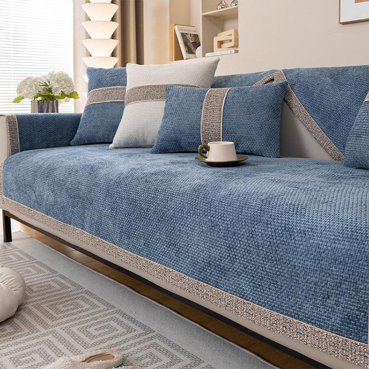Blue sofa cover — Textured Chenille Sofa Cover with Contrast Trim