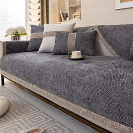 Dark Gray sofa cover — Textured Chenille Sofa Cover with Contrast Trim