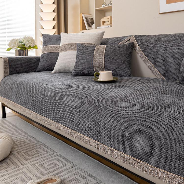 Dark Gray sofa cover — Textured Chenille Sofa Cover with Contrast Trim