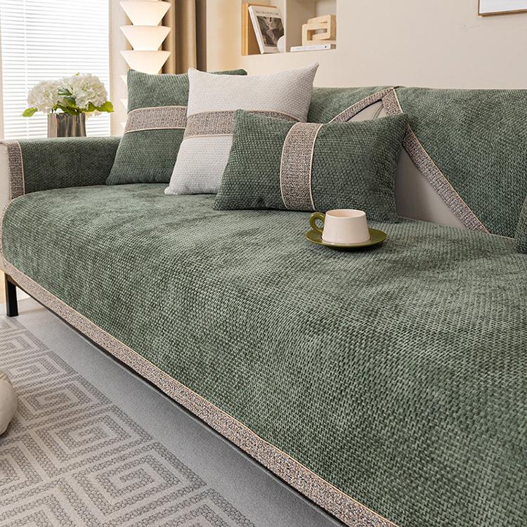 Green sofa cover — Textured Chenille Sofa Cover with Contrast Trim