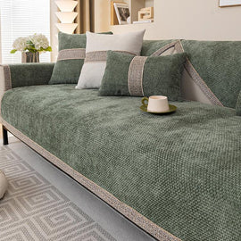 Green sofa cover — Textured Chenille Sofa Cover with Contrast Trim
