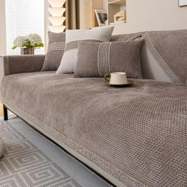 Light Gray sofa cover — Textured Chenille Sofa Cover with Contrast Trim