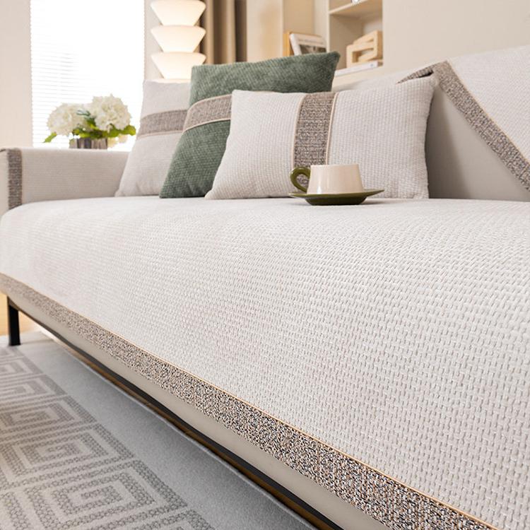 White sofa cover — Textured Chenille Sofa Cover with Contrast Trim