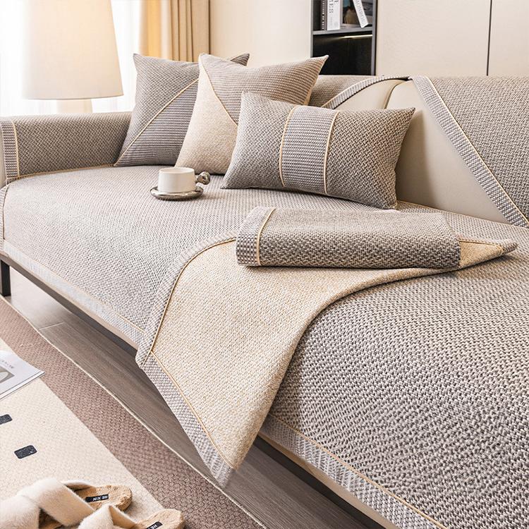 Linen-Look Sofa Cover with Contrast Edging — fabric and styling detail