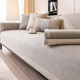 Linen-Look Sofa Cover with Contrast Edging — fabric and styling detail