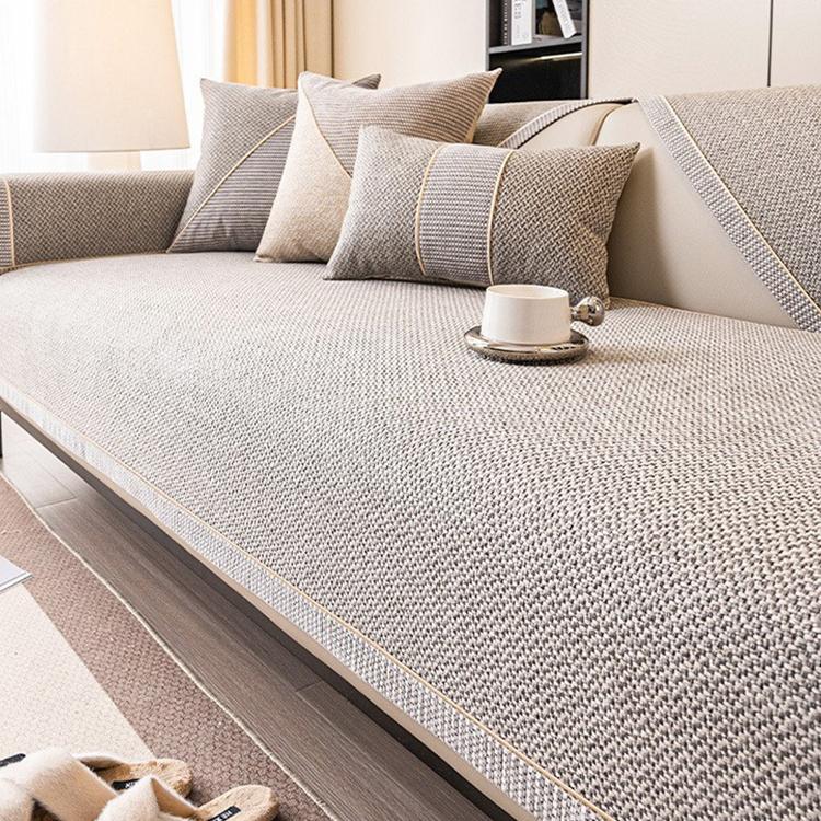 Linen-Look Sofa Cover with Contrast Edging — fabric and styling detail
