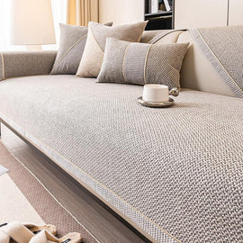 Linen-Look Sofa Cover with Contrast Edging — fabric and styling detail