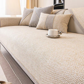 Linen-Look Sofa Cover with Contrast Edging — fabric and styling detail
