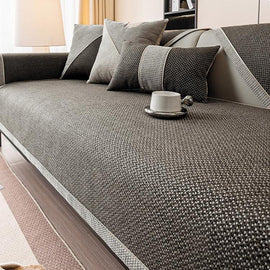 Linen-Look Sofa Cover with Contrast Edging — fabric and styling detail