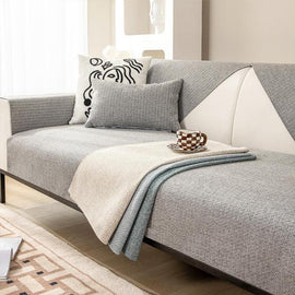 Linen-Look Sofa Cover with Contrast Edging — fabric and styling detail